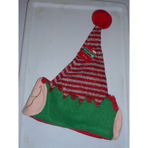 Christmas Elf Hat Green and Red Tinsel Stipes with Ears 17" by Merry Brite